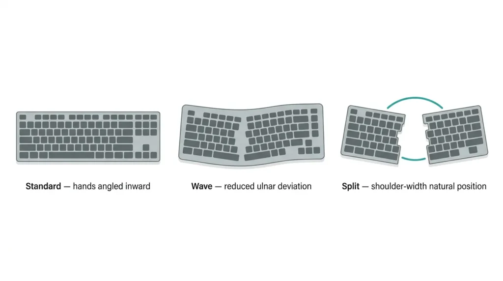 Best Ergonomic Keyboards for Neck Pain (2026): Picks That Actually Help 4 Comparison illustration of standard, wave, and fully split ergonomic keyboard layouts showing hand positioning differences