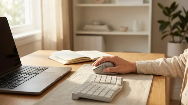 Ergonomic desk setup with keyboard and mouse for wrist comfort