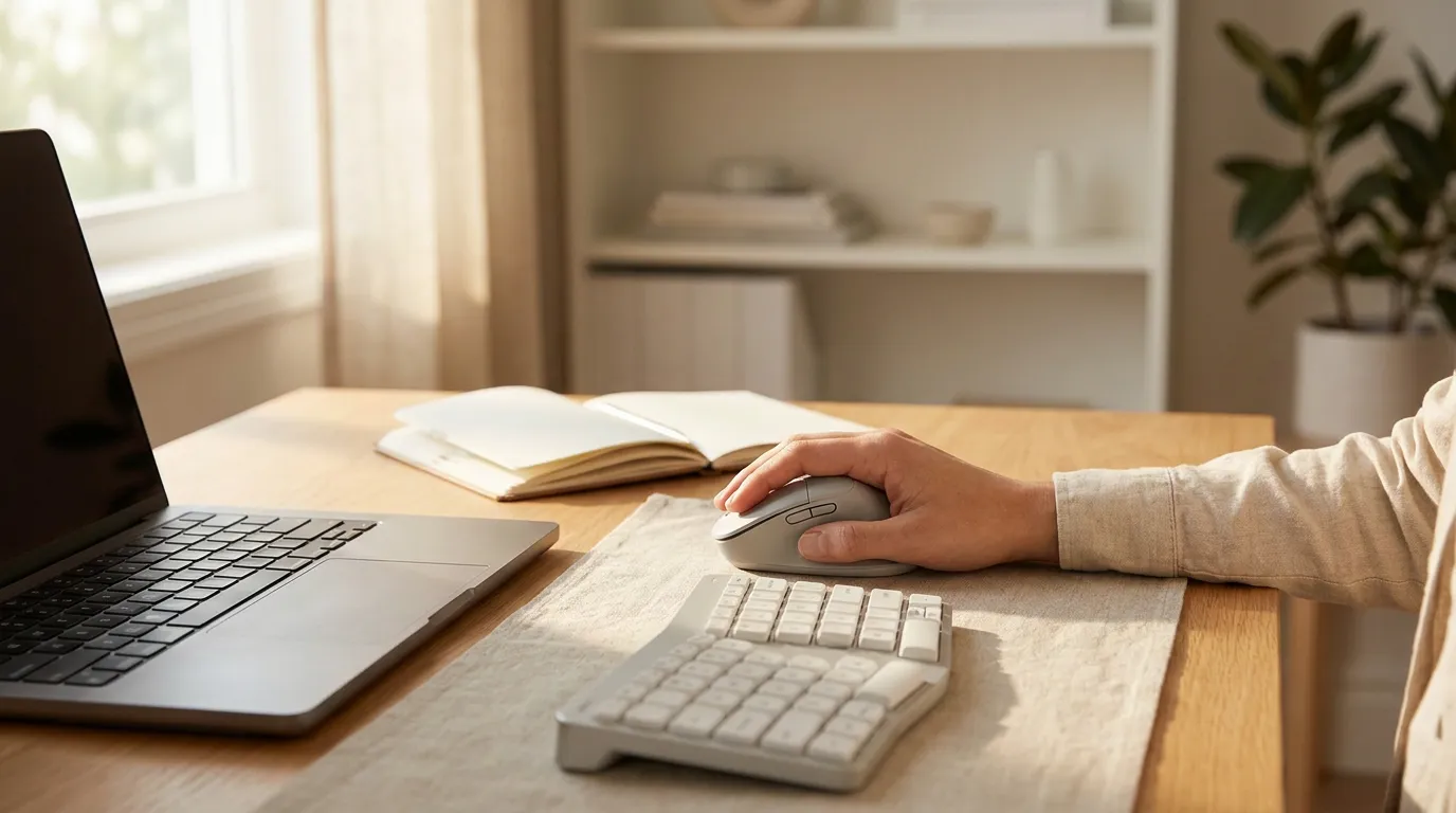 Best Ergonomic Mouse for Wrist Pain (2026): Top Picks for Comfort, Grip & Daily Work 1 Ergonomic desk setup with keyboard and mouse for wrist comfort