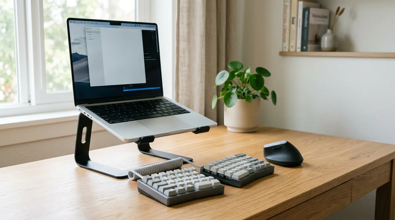 Best Ergonomic Keyboards for Neck Pain (2026): Picks That Actually Help 1 Ergonomic home office setup with laptop on stand and external keyboard at desk level