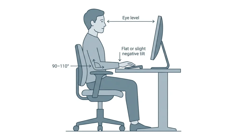 Best Ergonomic Keyboards for Neck Pain (2026): Picks That Actually Help 12 Ergonomic keyboard positioning diagram showing correct elbow angle, wrist position, and screen height at a desk
