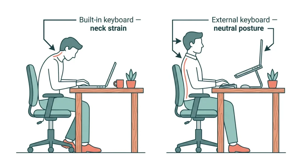 Best Ergonomic Keyboards for Neck Pain (2026): Picks That Actually Help 2 Illustration comparing neck posture using a laptop flat on desk versus elevated on a stand with an external keyboard