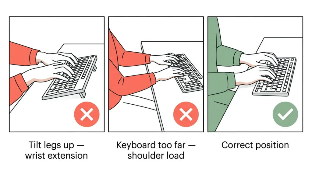Best Ergonomic Keyboards for Neck Pain (2026): Picks That Actually Help 3 Illustration showing common keyboard positioning mistakes versus correct ergonomic wrist and distance placement