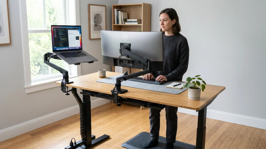 Standing desk laptop arm ergonomic workstation setup
