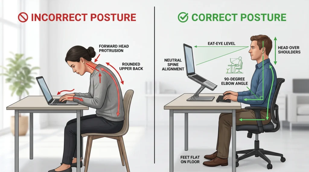 Before and after laptop posture comparison showing tech neck correction
