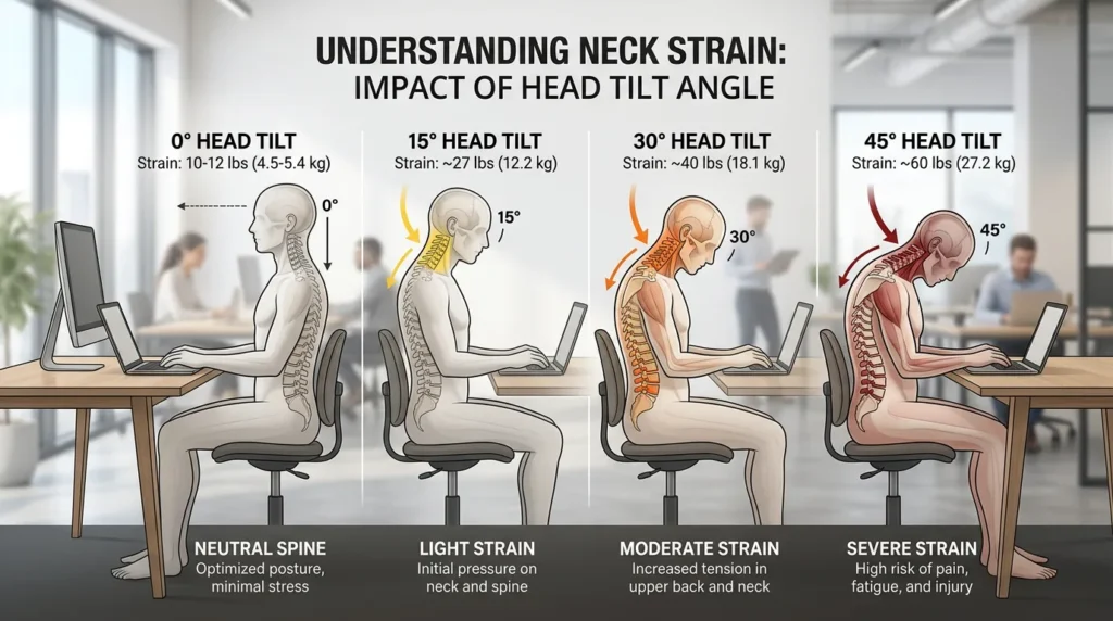 Infographic showing how forward head tilt increases pressure on the neck