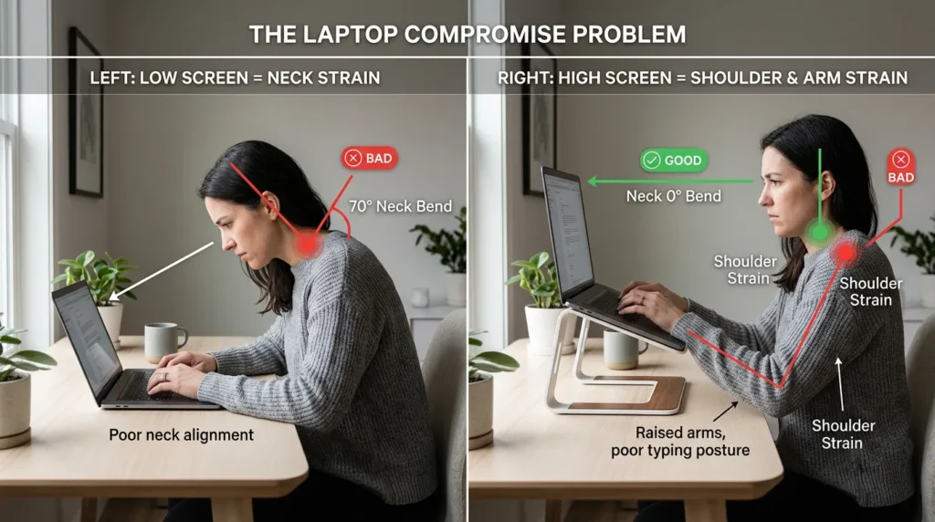 Illustration showing ergonomic problems caused by standard laptop positioning