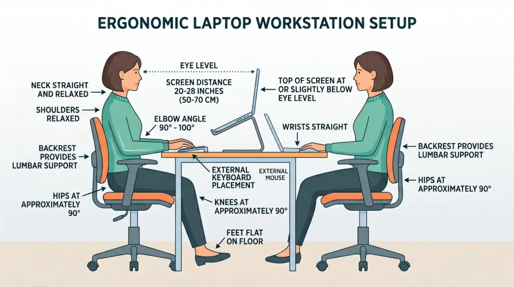 Correct laptop screen height and ergonomic desk setup diagram