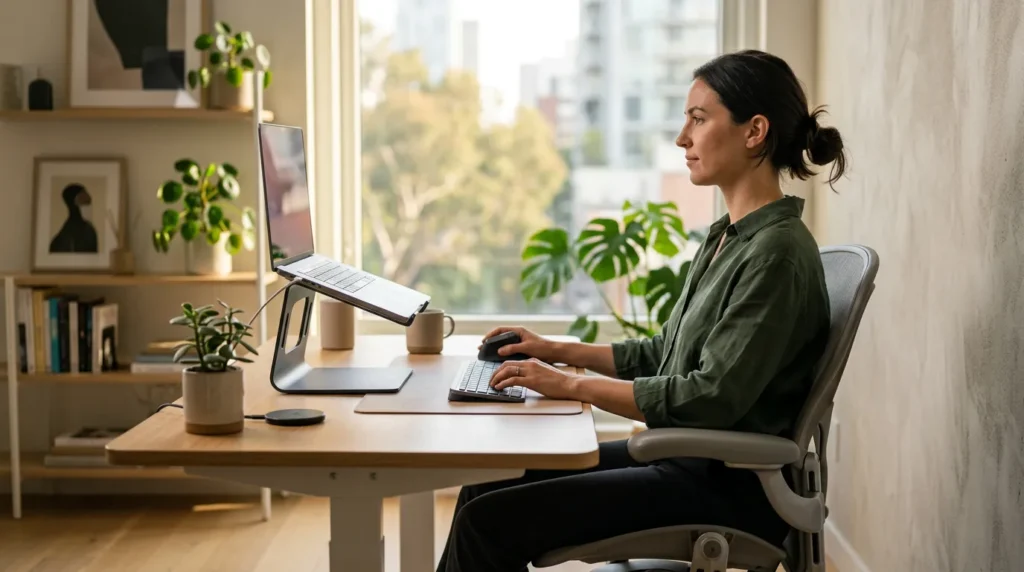 Proper ergonomic laptop setup using a laptop stand and external keyboard