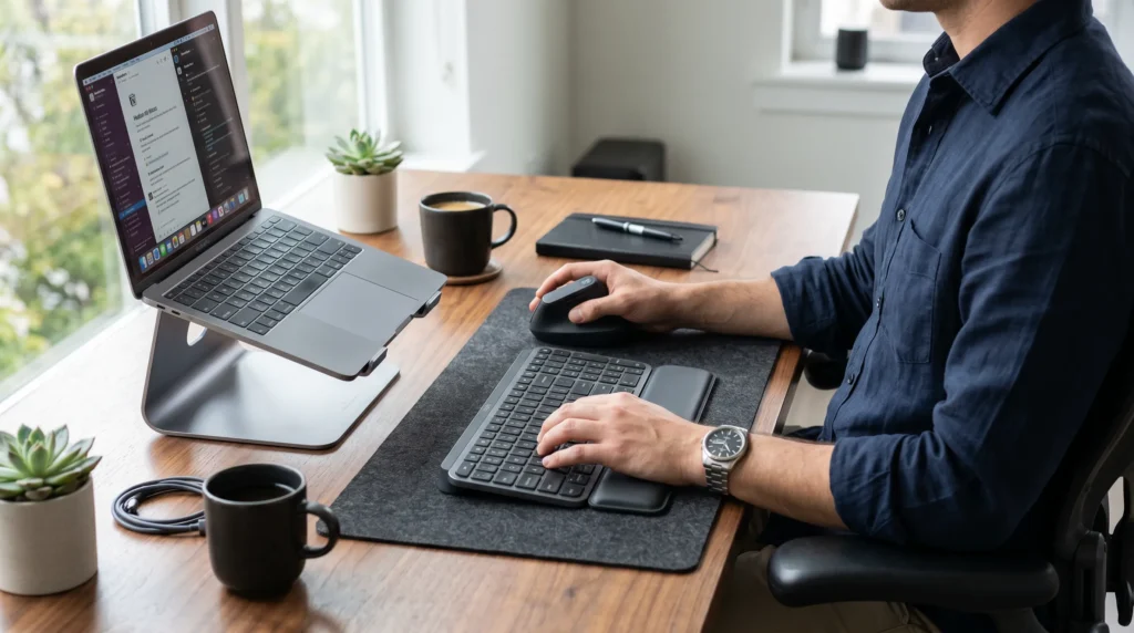 Laptop stand for neck pain with external keyboard and mouse ergonomic setup