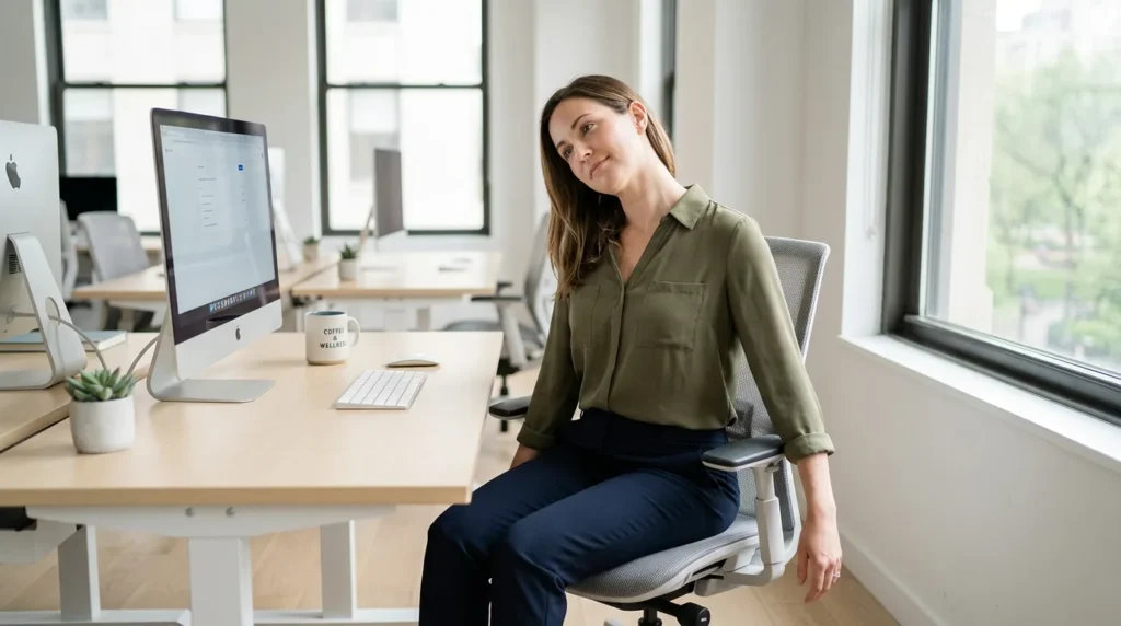 Upper trapezius neck stretch used to reduce tension from tech neck