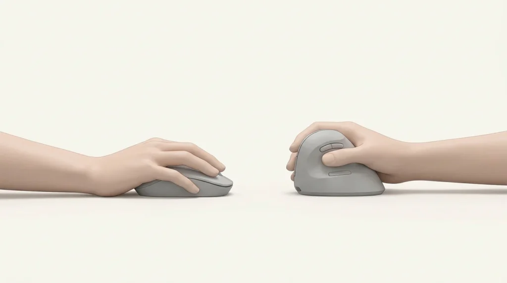 Best Ergonomic Mouse for Wrist Pain (2026): Top Picks for Comfort, Grip & Daily Work 2 Standard mouse grip compared with vertical mouse handshake grip