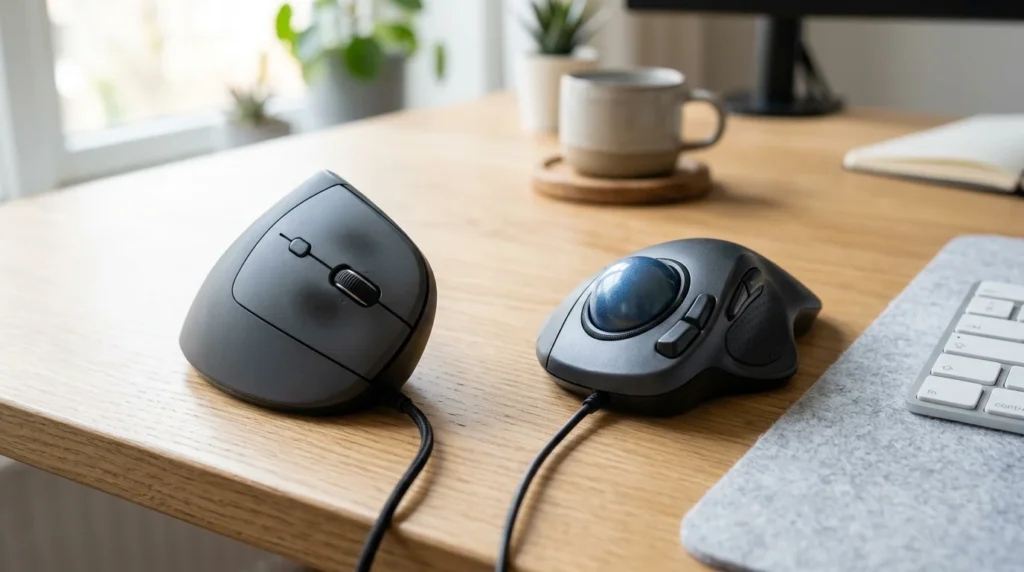 Best Ergonomic Mouse for Wrist Pain (2026): Top Picks for Comfort, Grip & Daily Work 10 Vertical ergonomic mouse and trackball mouse on a desk