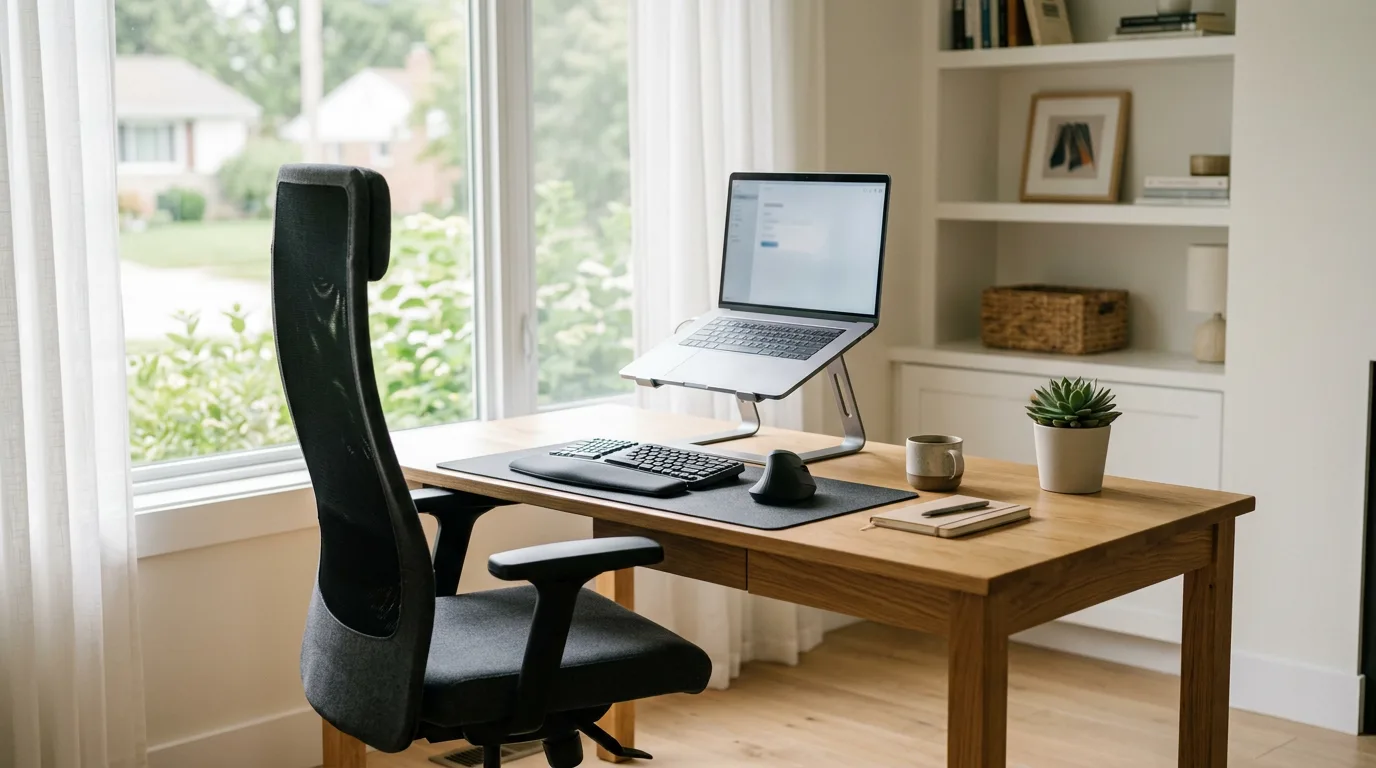 ergonomic laptop setup showing laptop ergonomics with a raised laptop stand, external keyboard, and mouse
