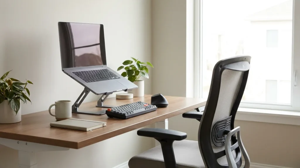 ergonomic laptop setup with laptop stand keyboard and mouse