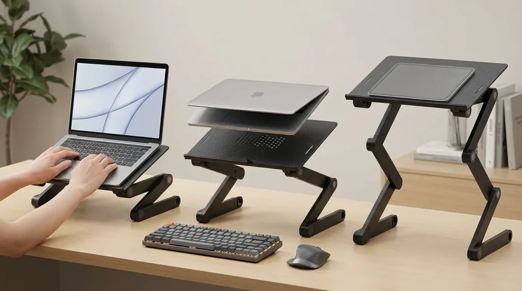 Adjustable laptop stand used in seated, elevated, and standing desk configurations