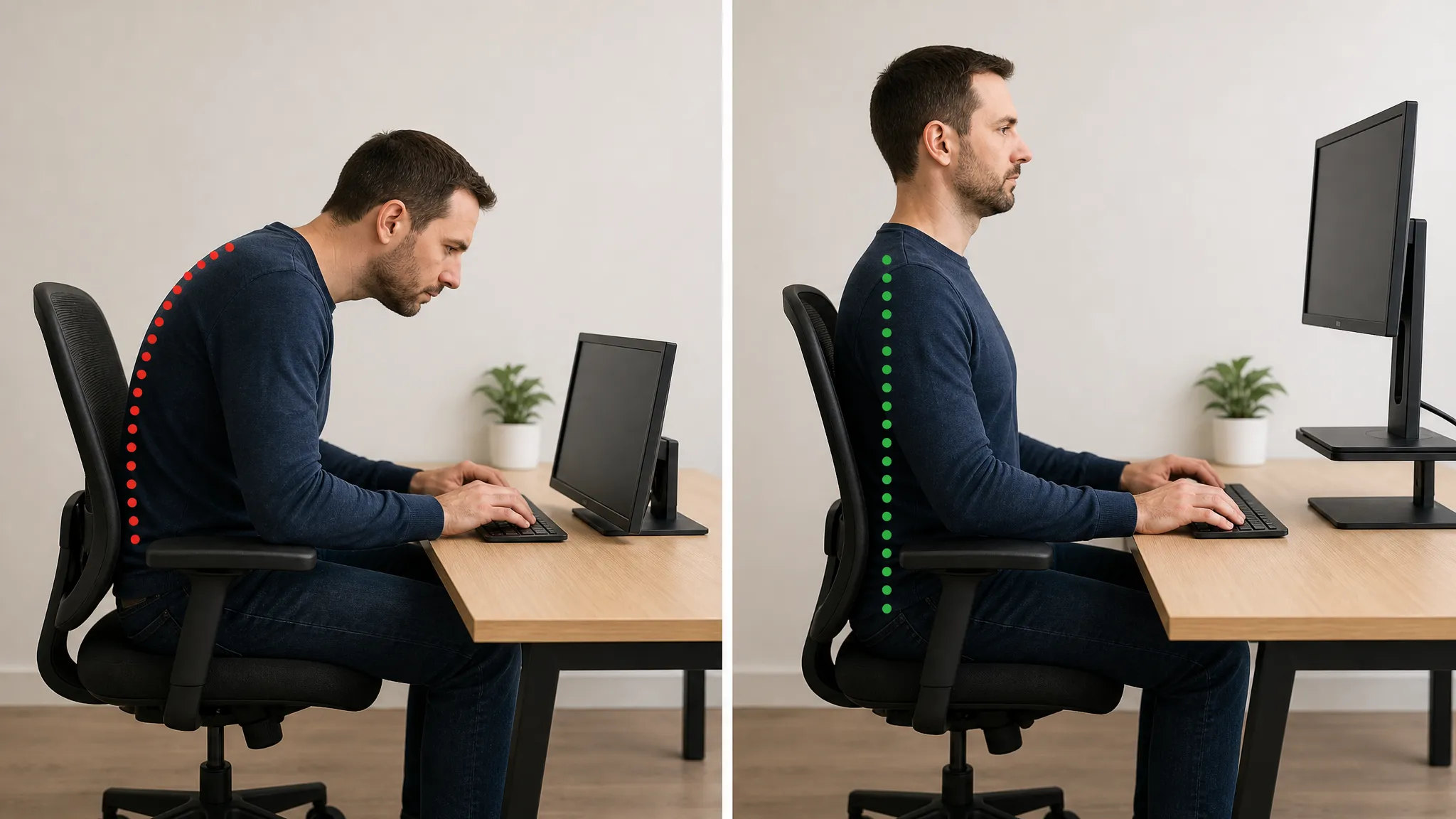 Ideal Monitor Height: How High Should Your Monitor Be? (2026 Guide) 2 Comparison of incorrect monitor height causing forward head posture versus correct monitor height with neutral upright posture