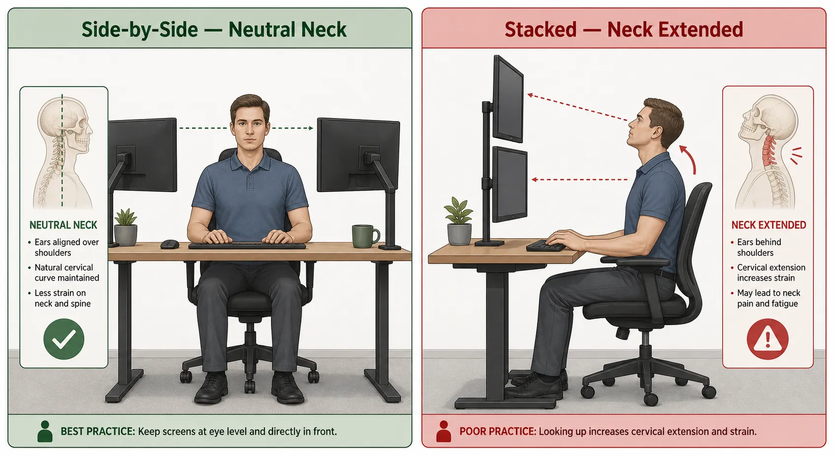 Comparison of side-by-side dual monitor setup versus stacked vertical setup showing neck angle differences