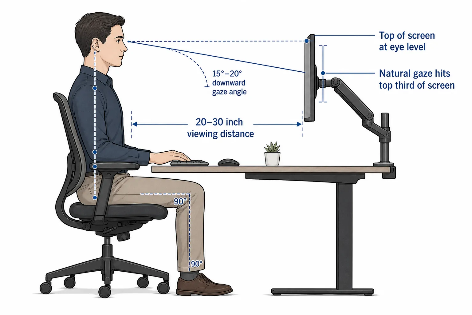 Diagram showing correct monitor height with top of screen at eye level and 20 to 30 inch viewing distance