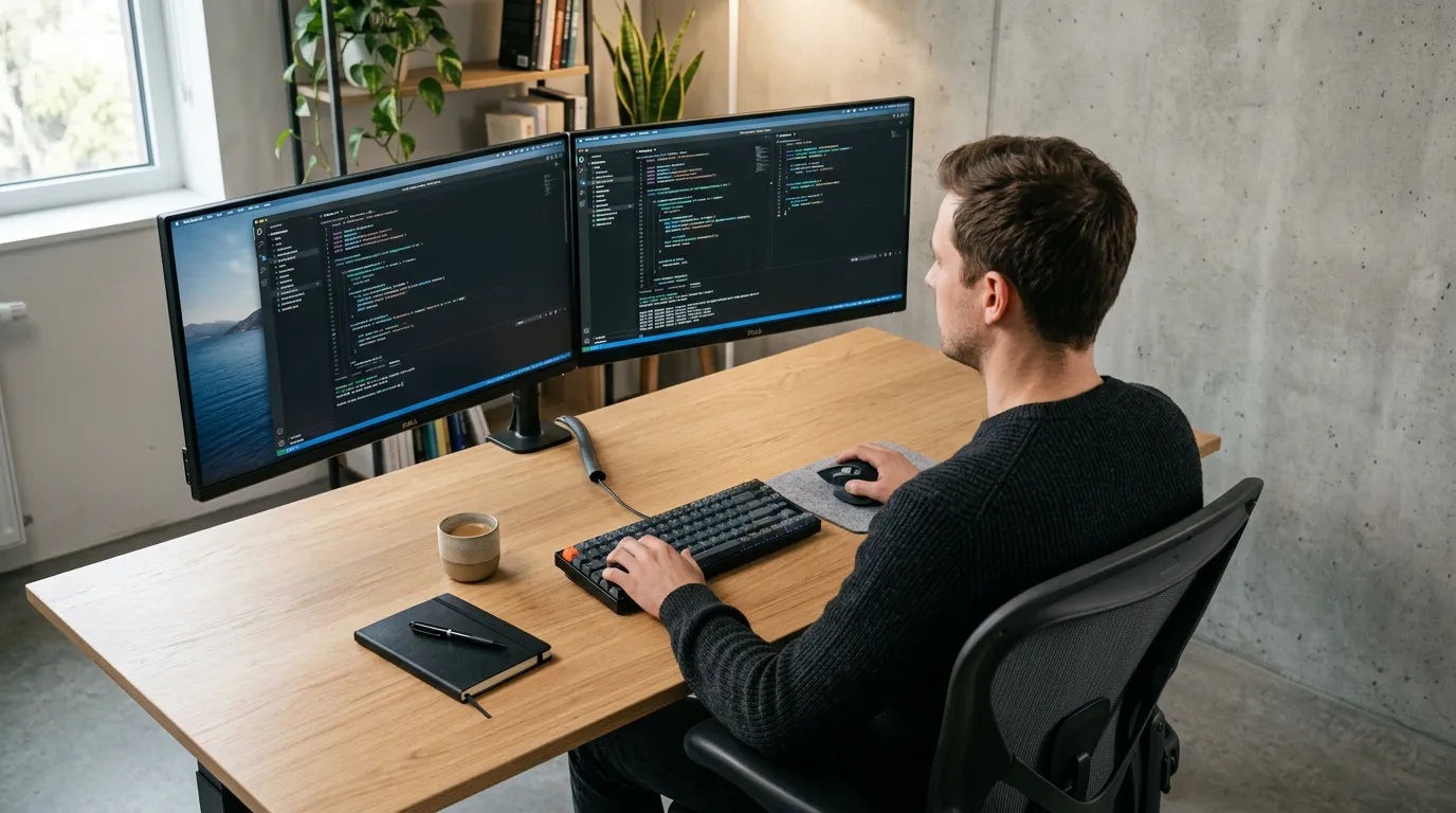 Ideal Monitor Height: How High Should Your Monitor Be? (2026 Guide) 4 Dual monitor desk setup with both screens at matching ergonomic height, centered on the user for correct monitor positioning
