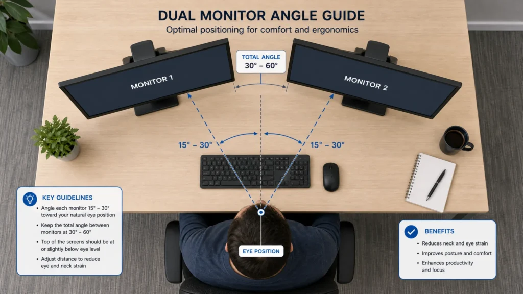 Dual monitor setup diagram showing correct viewing angles and equal distance positioning
