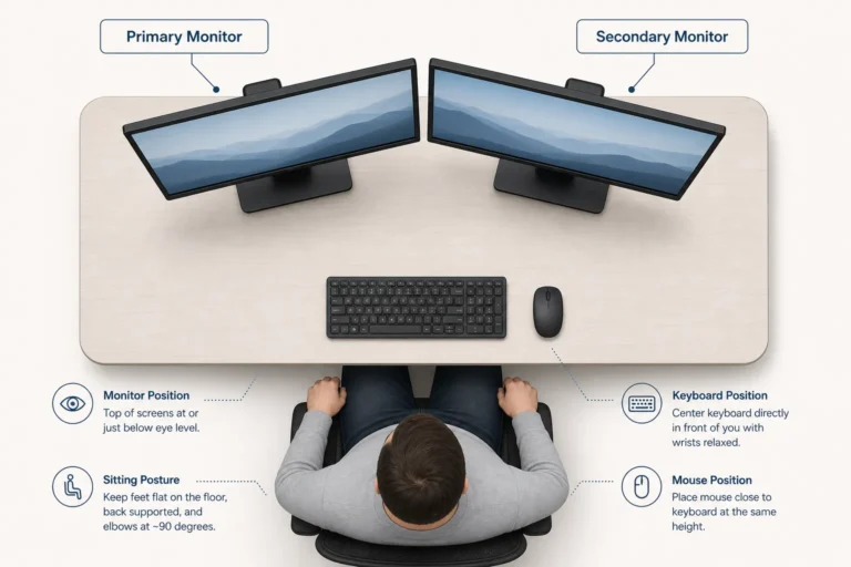 Ergonomic dual monitor setup diagram showing 80/20 arrangement with monitors angled inward and keyboard aligned with primary screen
