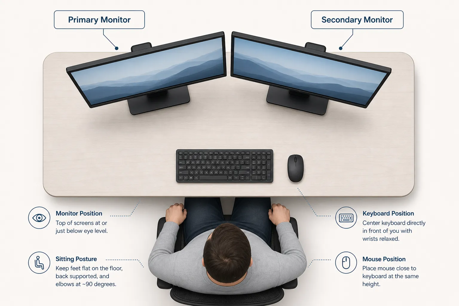 Ergonomic dual monitor setup diagram showing 80/20 arrangement with monitors angled inward and keyboard aligned with primary screen