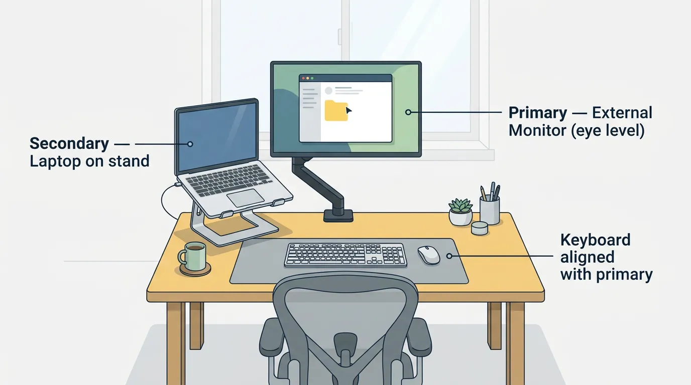 Ergonomic setup with laptop as secondary monitor on a stand beside a primary external monitor at eye level
