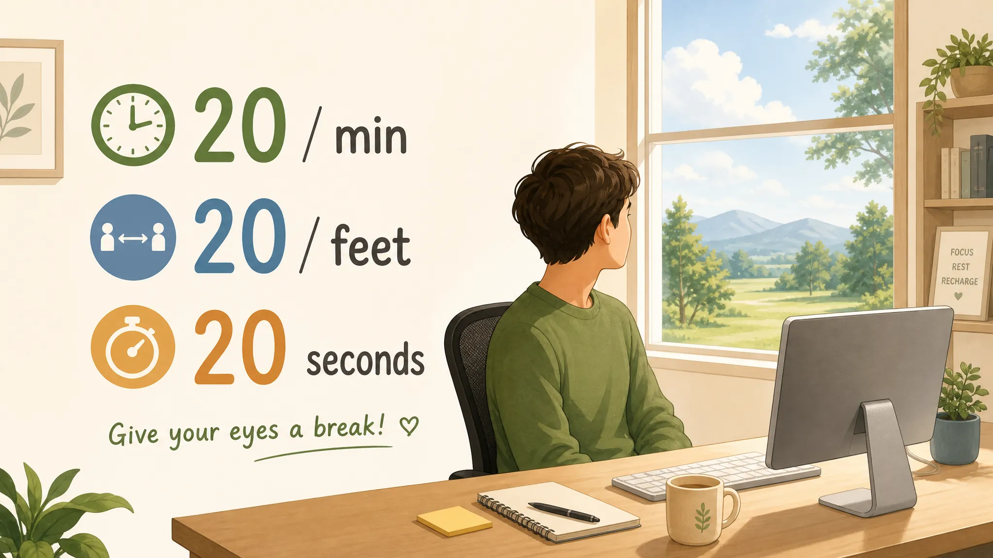 Illustration of the 20-20-20 rule for eye health during computer work