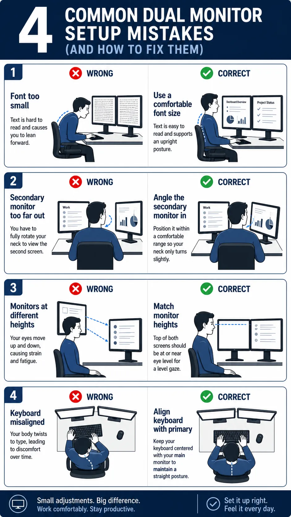 Infographic showing four common dual monitor setup mistakes and how to correct each one