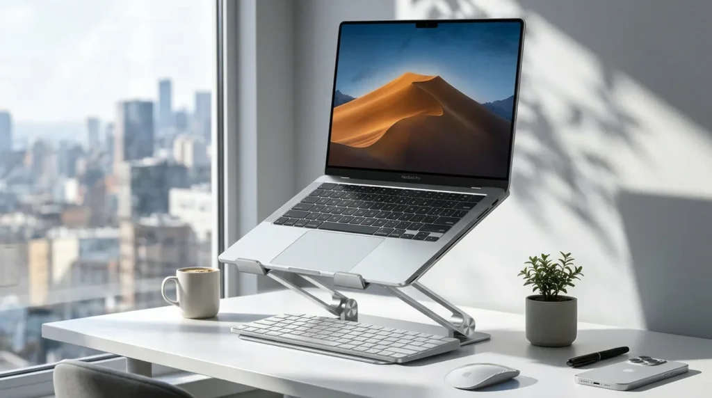 Lamicall adjustable laptop stand in an ergonomic desk setup with external keyboard and mouse