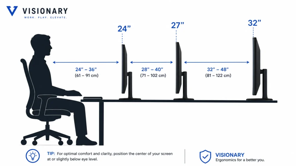 Monitor distance from eyes diagram showing ideal viewing distances for 24, 27, and 32-inch monitors