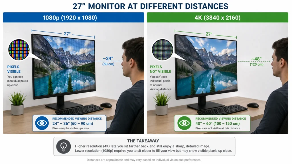 Monitor viewing distance comparison for 1080p versus 4K resolution at 27 inches