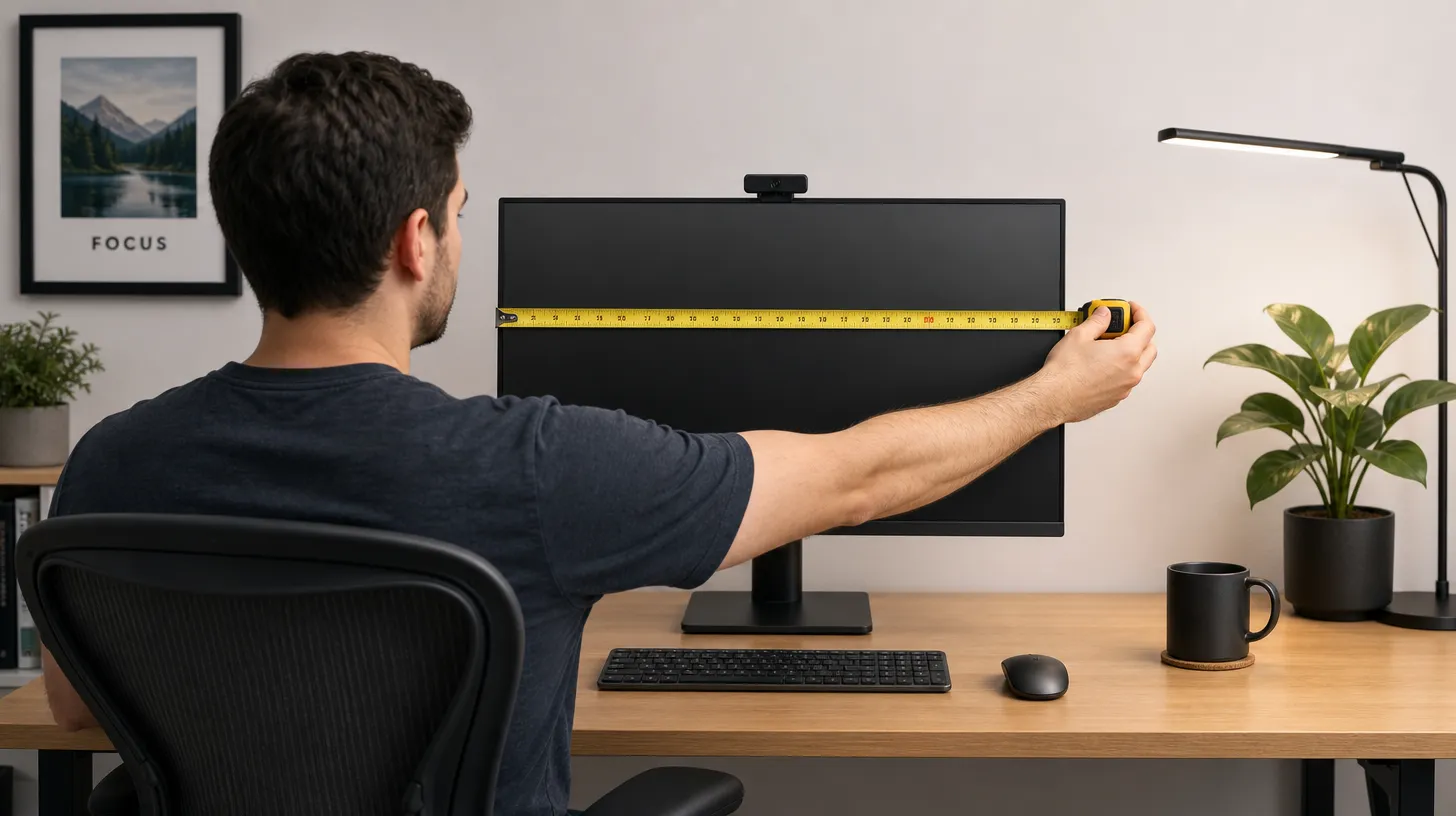Person measuring monitor distance from eyes at ergonomic home office desk