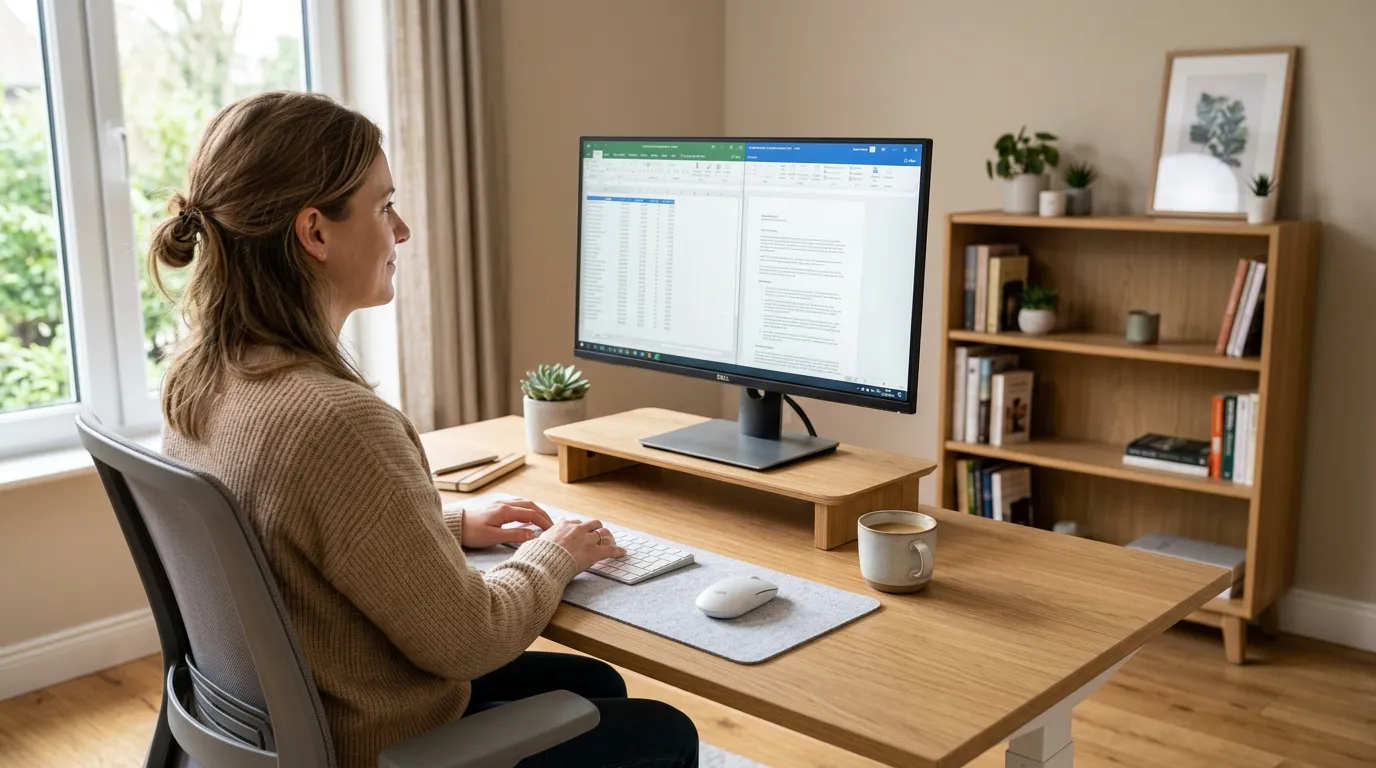 Ideal Monitor Height: How High Should Your Monitor Be? (2026 Guide) 1 Person sitting at desk with monitor positioned at ideal ergonomic height, top of screen at eye level, neutral upright posture