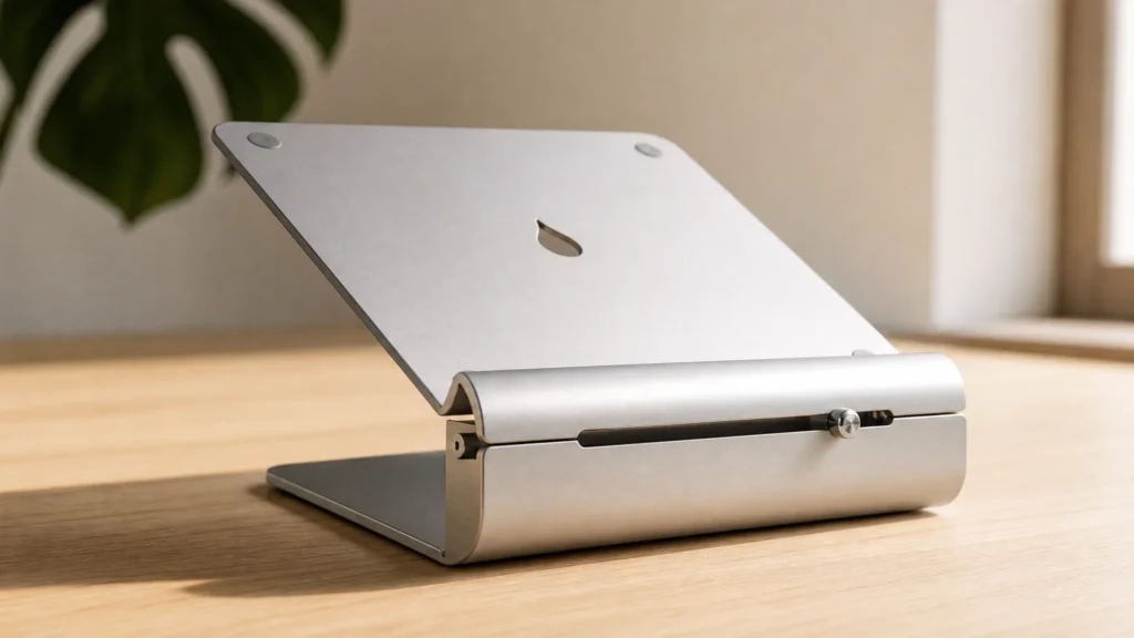 Rain Design iLevel2 premium adjustable laptop stand silver brushed aluminum spring-loaded mechanism wooden desk