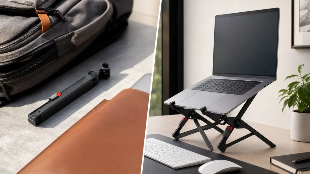 Roost V3 folding laptop stand collapsed for travel and fully deployed for ergonomic desk work