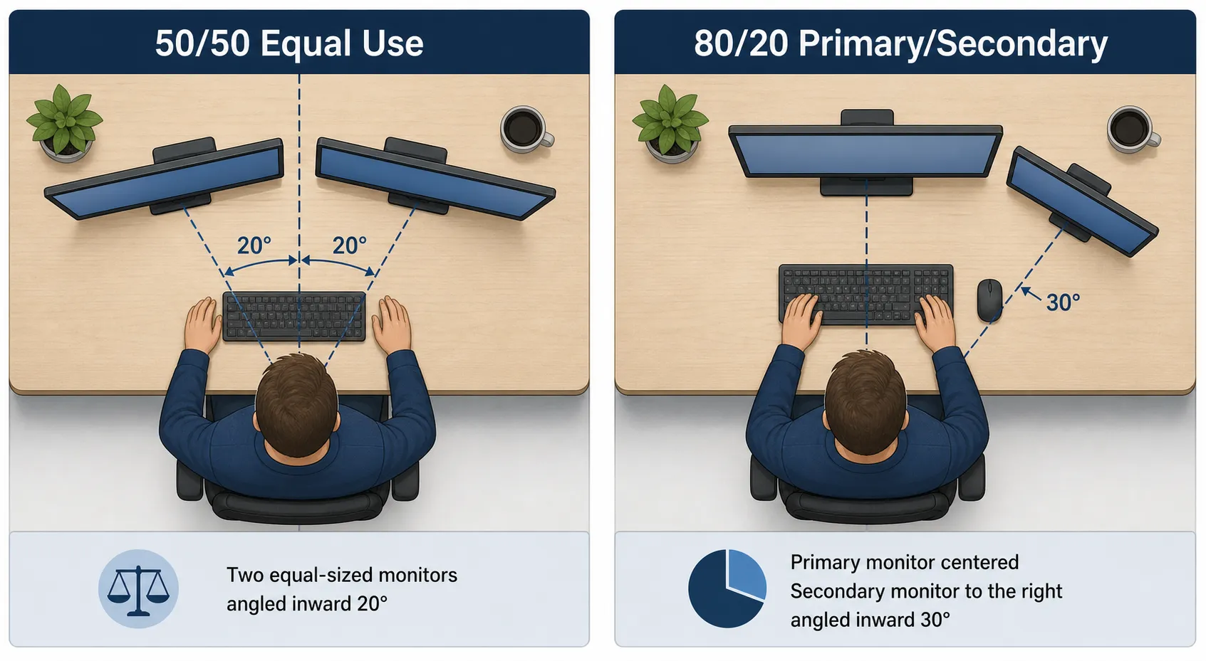 Side-by-side comparison of the 50/50 dual monitor setup versus the 80/20 primary and secondary monitor arrangement