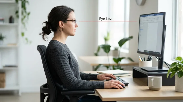 Best Monitor Riser for Desk Work (2026) 2 Side view showing correct monitor height with eye level aligned to the top edge of the screen and neutral head position