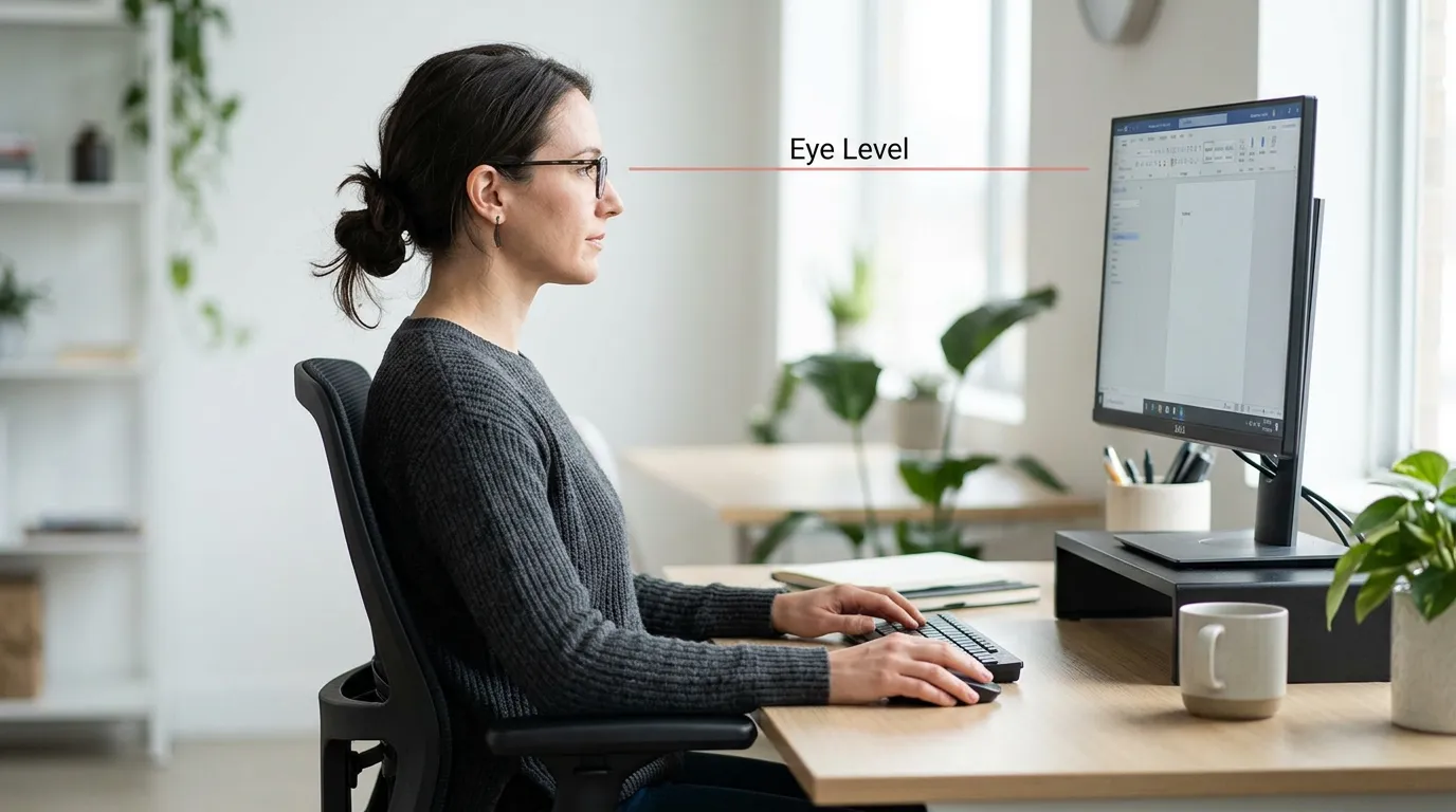 Best Monitor Riser for Desk Work (2026) 1 Side view showing correct monitor height with eye level aligned to the top edge of the screen and neutral head position