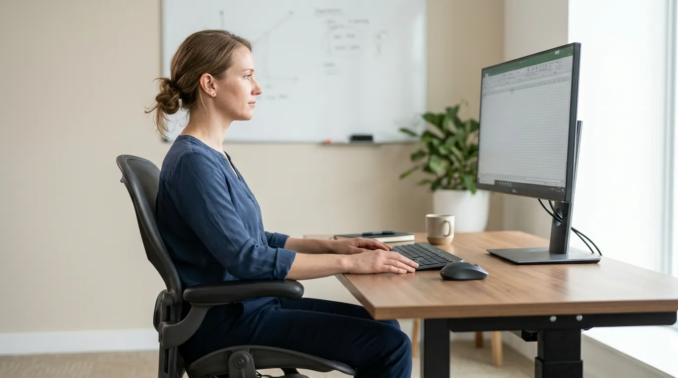 Ideal Monitor Height: How High Should Your Monitor Be? (2026 Guide) 3 Ideal monitor height side view with eye level aligned to the top edge of the screen and neutral head position