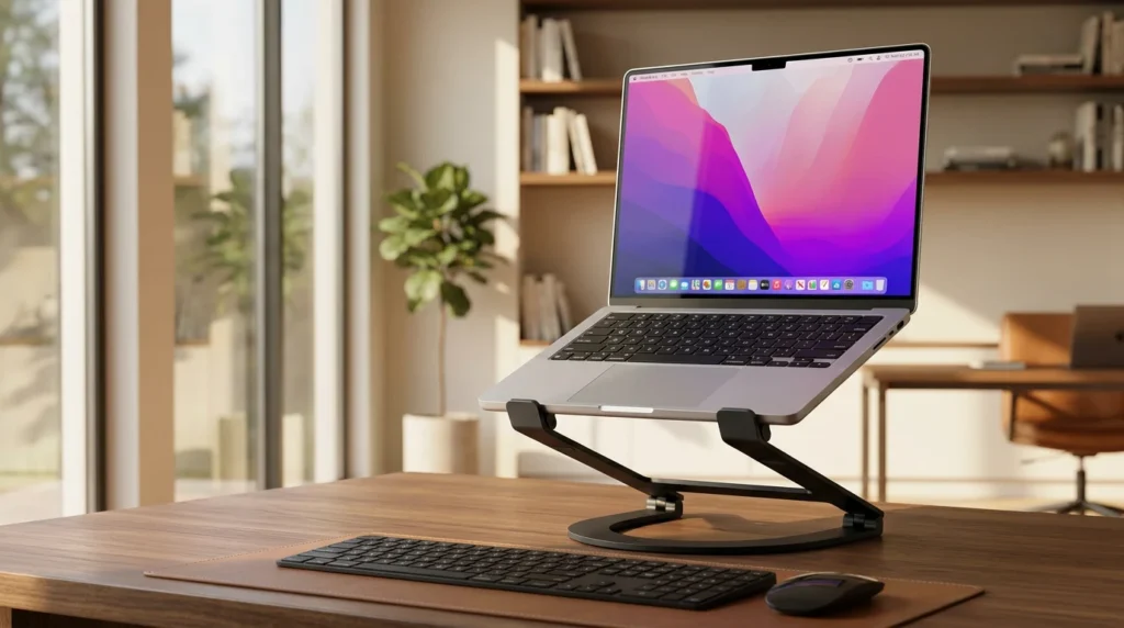 Twelve South Curve Flex premium ergonomic laptop stand in a modern desk setup with external keyboard and mouse