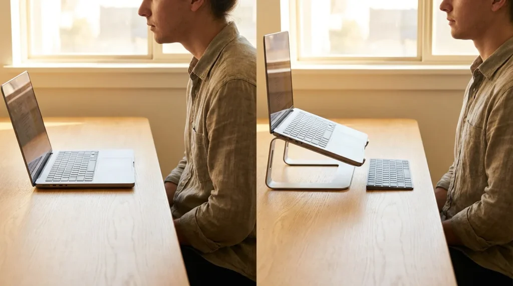 correct posture with ergonomic laptop stand for desk at eye level compared to forward head posture laptop flat on desk