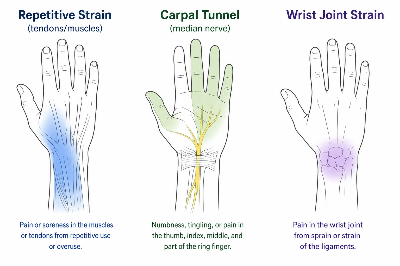 Best Ergonomic Mouse for Hand and Finger Pain: 6 Tested Picks for RSI Relief (2026) 2 Diagram comparing repetitive strain injury, carpal tunnel syndrome and wrist joint pain in the hand