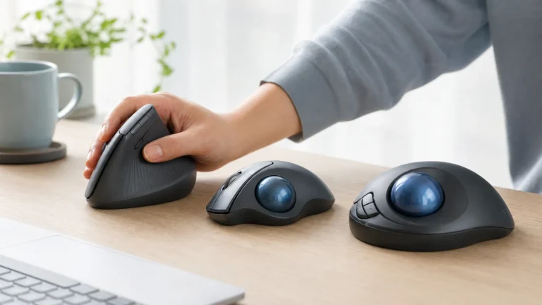 Ergonomic vertical mouse and trackballs arranged on a desk for hand and finger pain relief