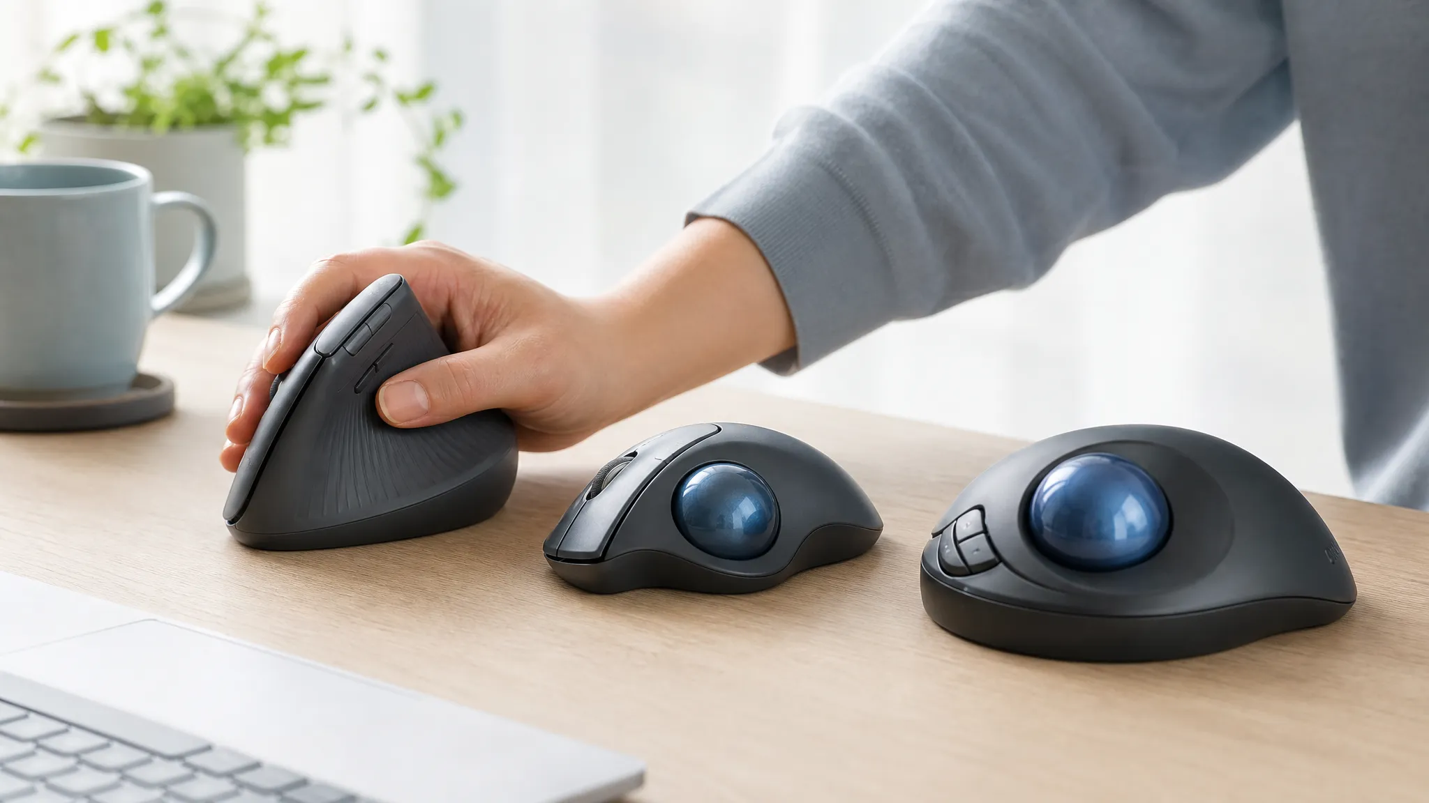 Best Ergonomic Mouse for Hand and Finger Pain: 6 Tested Picks for RSI Relief (2026) 1 Ergonomic vertical mouse and trackballs arranged on a desk for hand and finger pain relief