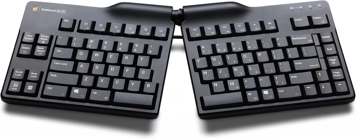 Goldtouch Elite adjustable ergonomic keyboard with a central hinged adjustment mechanism