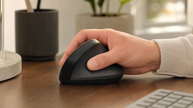 Hand resting on a vertical ergonomic mouse in a neutral handshake grip to reduce carpal tunnel pressure
