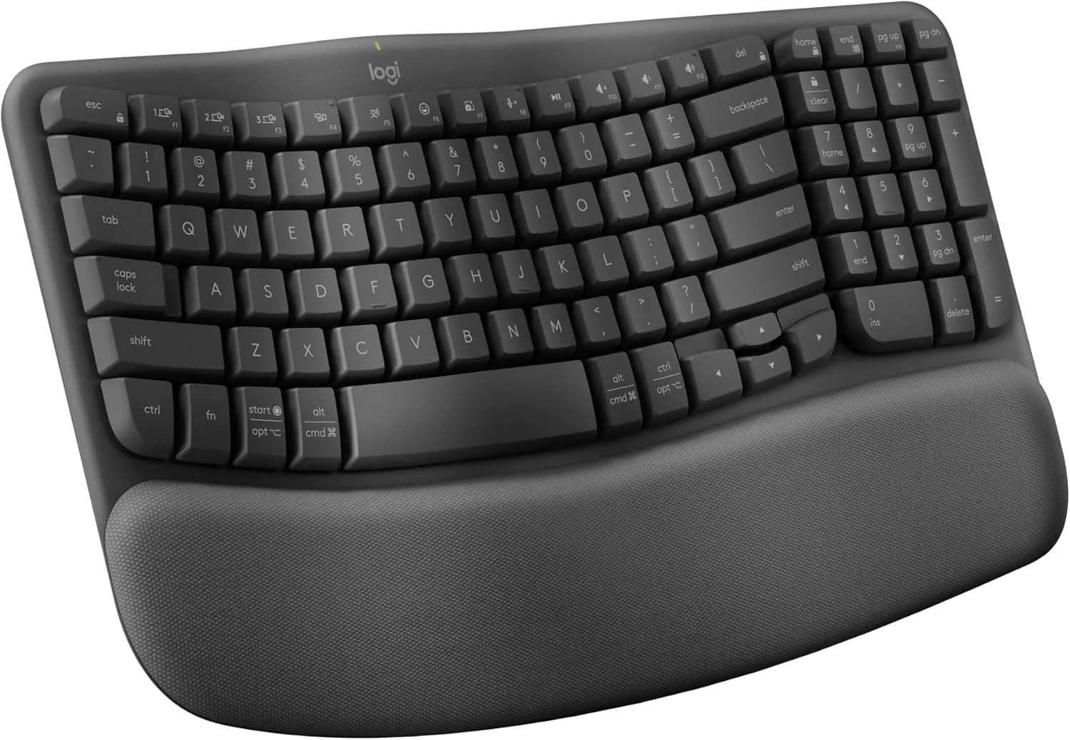 Logitech Wave Keys ergonomic keyboard with a wave-shaped key layout and cushioned palm rest