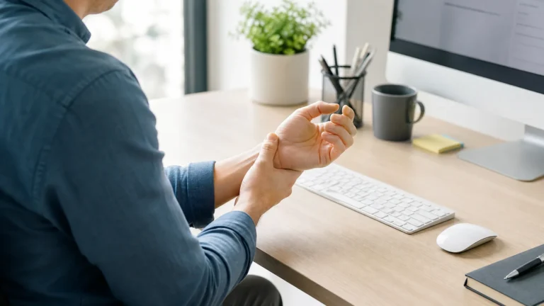Carpal Tunnel from Computer Work: Symptoms, Self-Tests & Recovery Plan 3 Person at a computer desk rubbing their wrist, illustrating carpal tunnel symptoms from computer work
